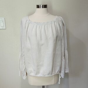 Hard Tail Forever Striped Cotton Blouse Top Off Shoulder Drawstring Bell Sleeve
